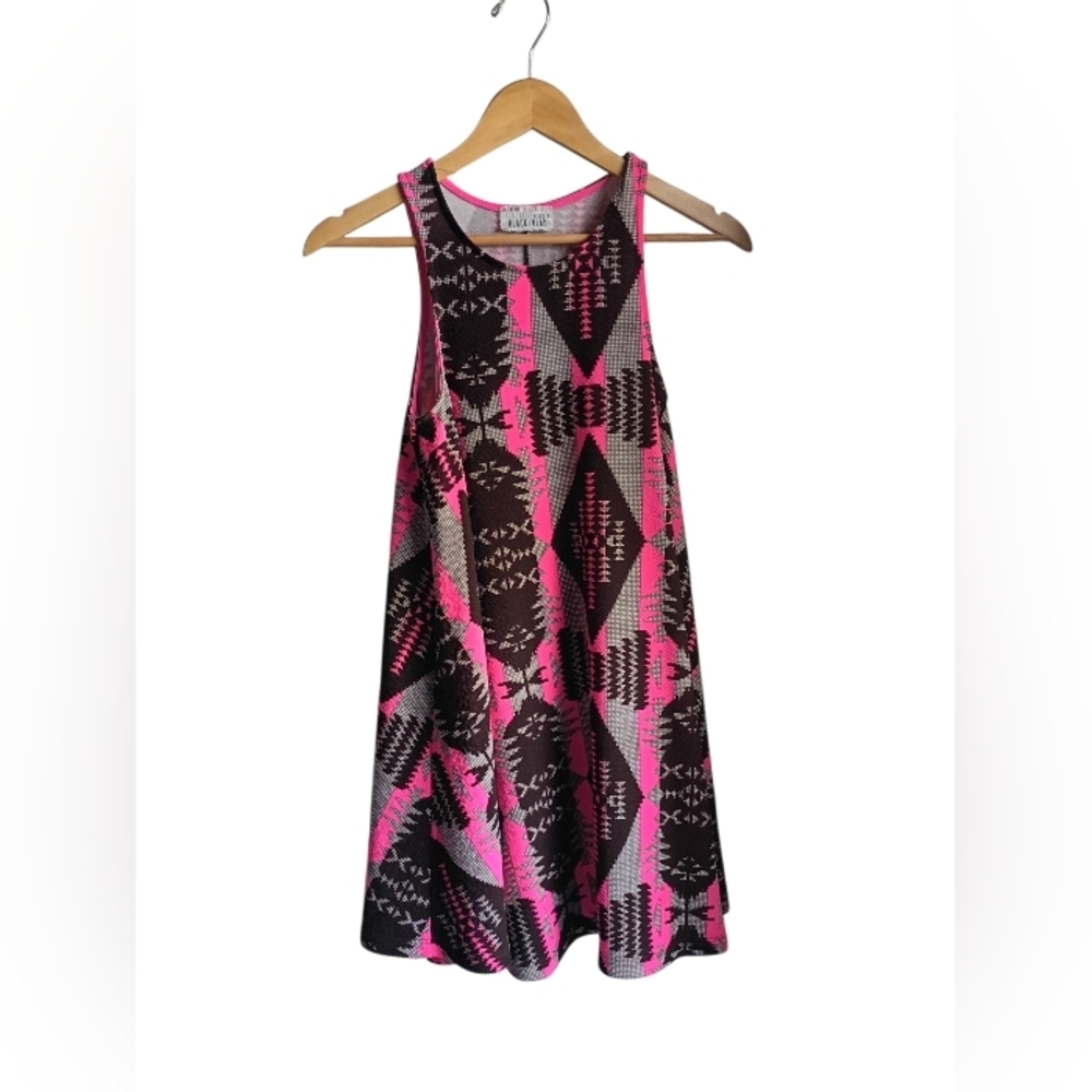 Black Bead Hot Pink and Black Geometric Swing Mini Dress